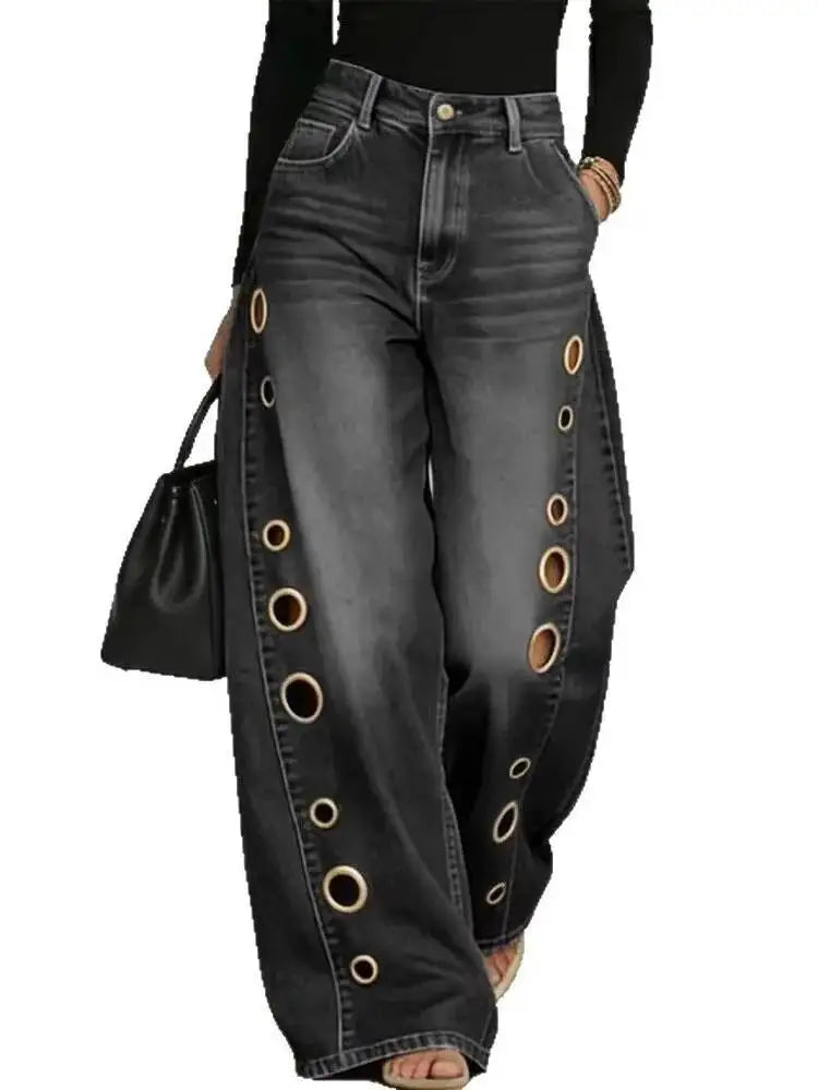 Damen Weite Jeans Hose mit Ösen Details und Hohem Bund