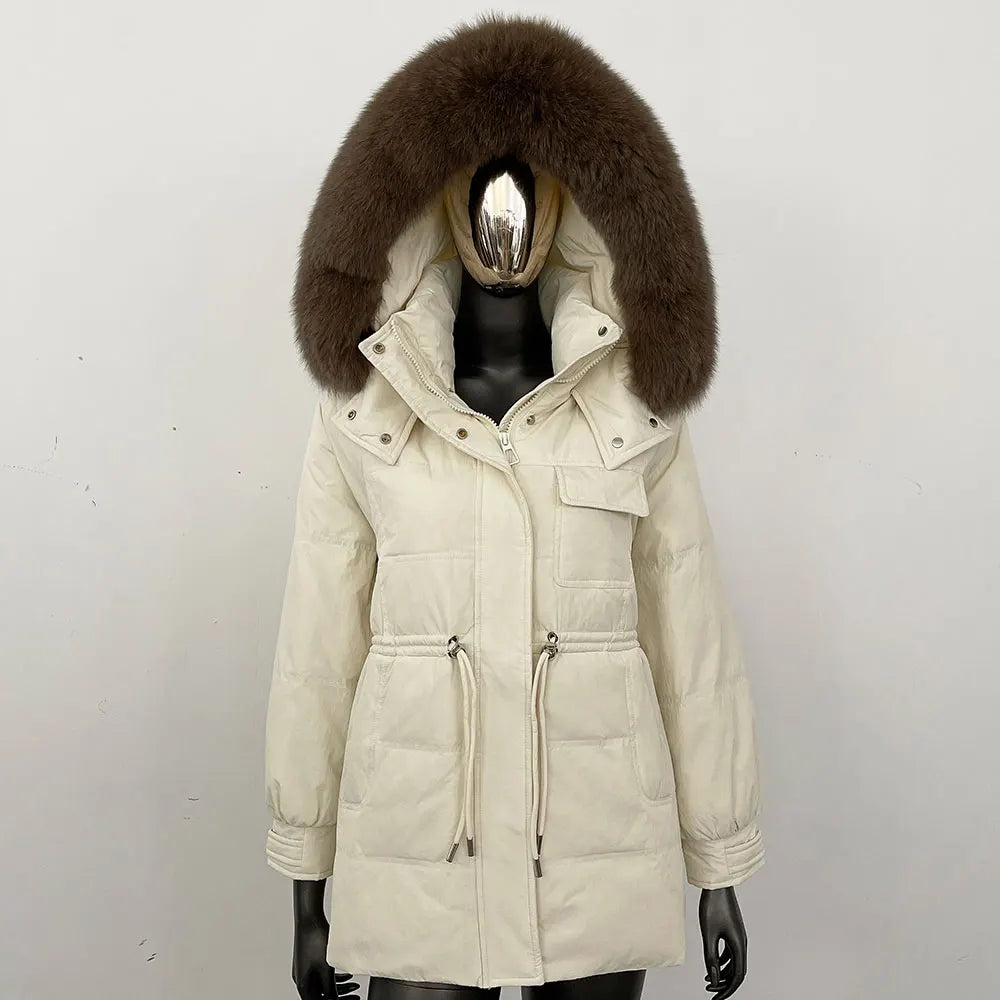 Damen Winter Parka mit Kapuze und Fellkragen Tunnelzug Weiß