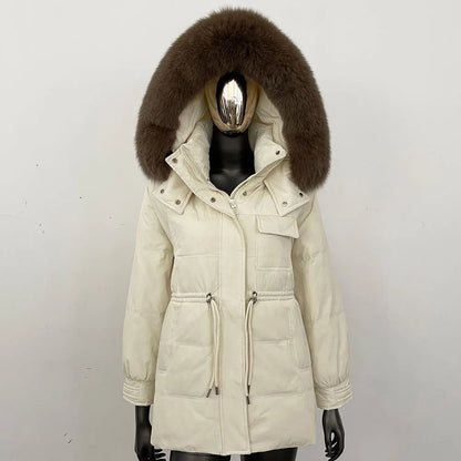 Damen Winter Parka mit Kapuze und Fellkragen Tunnelzug Weiß