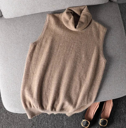 Damen Rollkragen Weste Ärmellos Strickpullover Unifarben