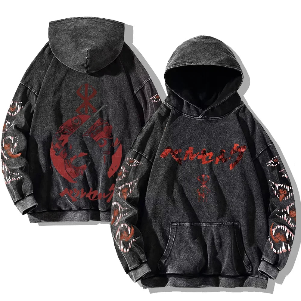 Oversized Kapuzenpullover Dunkelgrau mit Front- und Rückenprint und Ärmelprints