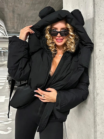 Damen Steppjacke mit Kapuze und Ohren Kurze Pufferjacke