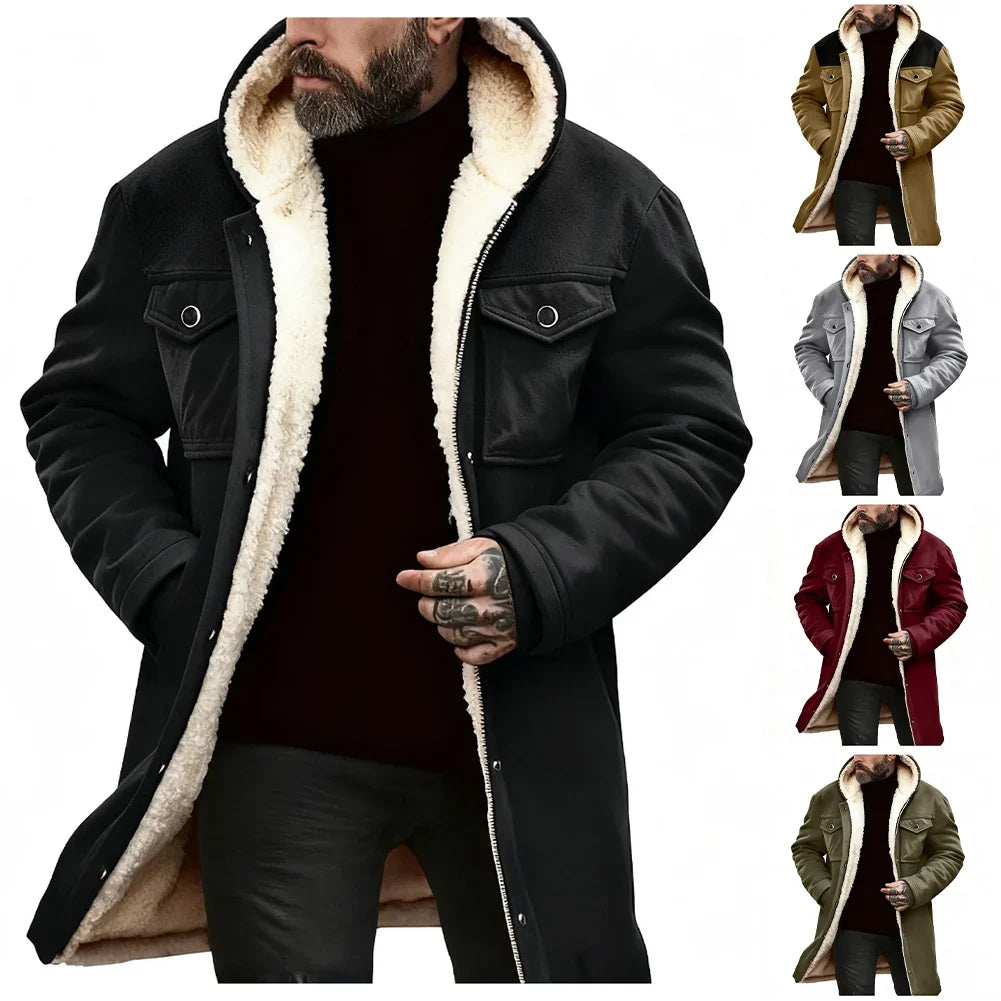 Herren Winterjacke mit Kapuze und Teddyfutter, lang, warm, Schwarz