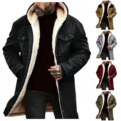 Herren Winterjacke mit Kapuze und Teddyfutter, lang, warm, Schwarz
