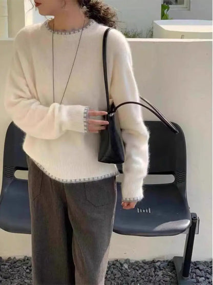 Damen Pullover Rundhals Langarm Strickpullover Weicher Stoff