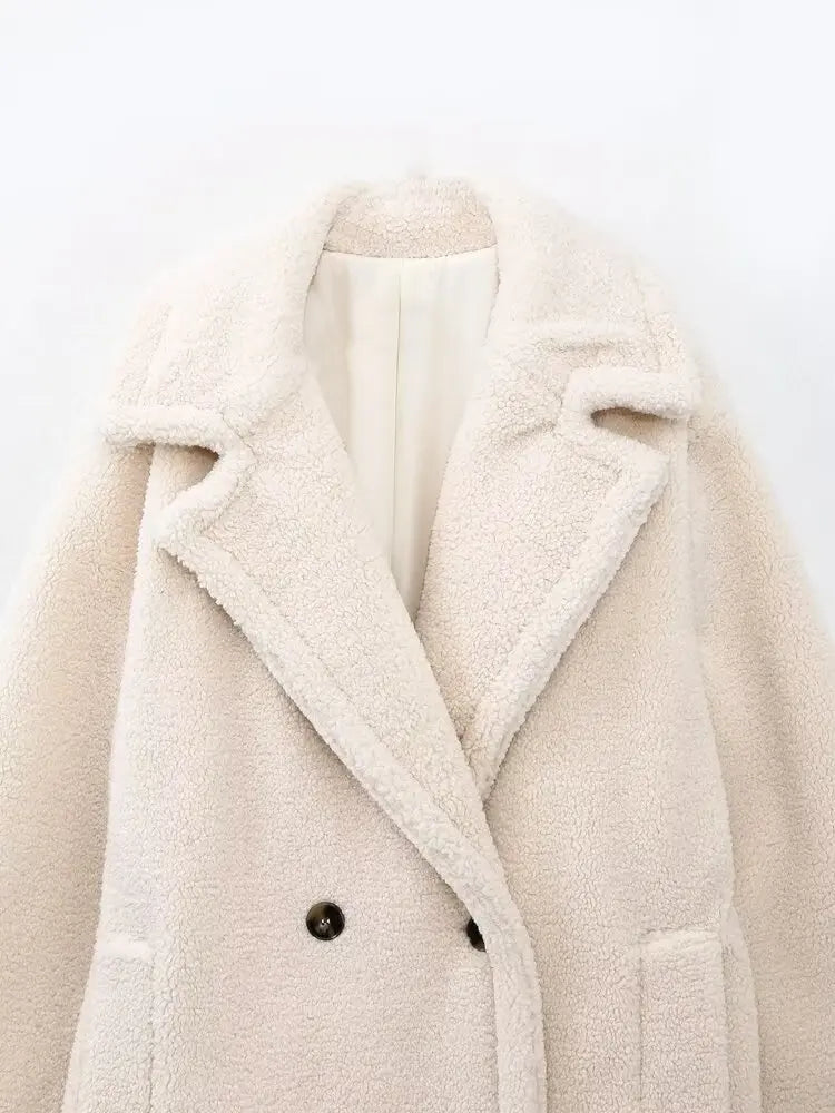 Damen Teddy-Mantel mit Doppelreiher – Eleganter Winter-Look, Langer Kuschel-Pelz, Urban Style