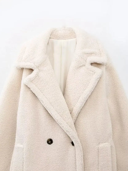 Damen Teddy-Mantel mit Doppelreiher – Eleganter Winter-Look, Langer Kuschel-Pelz, Urban Style