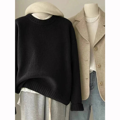 Damen Strickpullover Rundhals Rippstrick Oversize