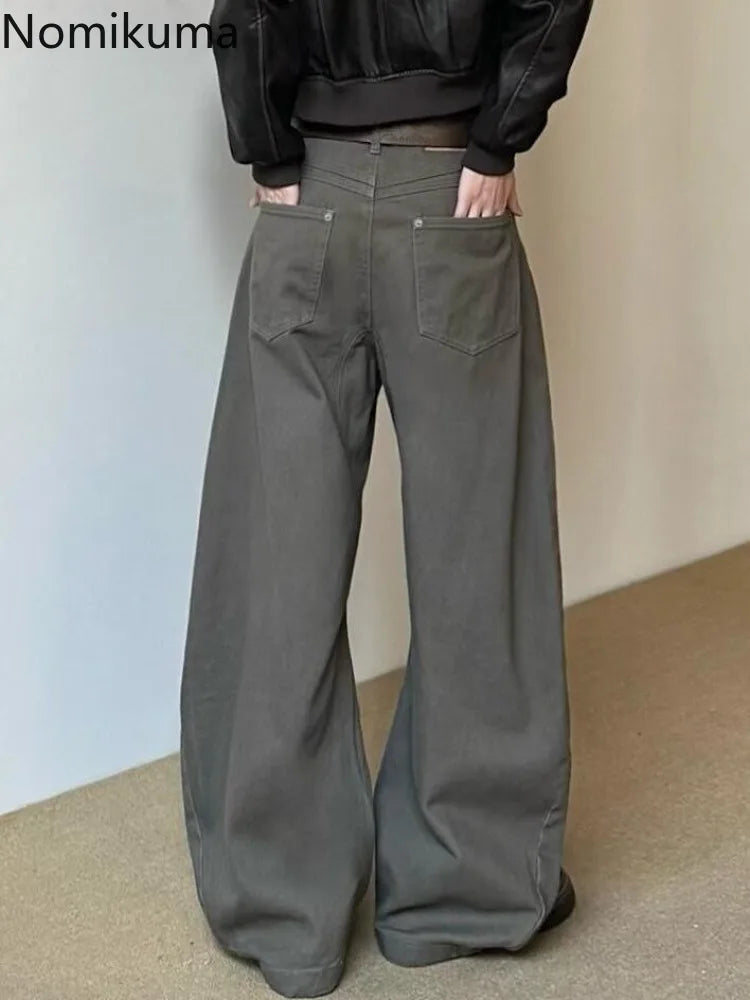 Weite Baggy Hose für Damen in Dunkelgrau/Braun mit geradem Bein