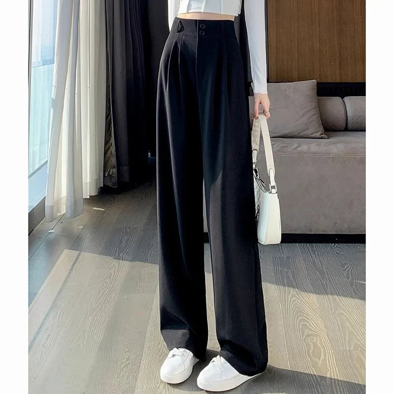 Damen High-Waist Stoffhose mit weitem Bein – Pleat Design