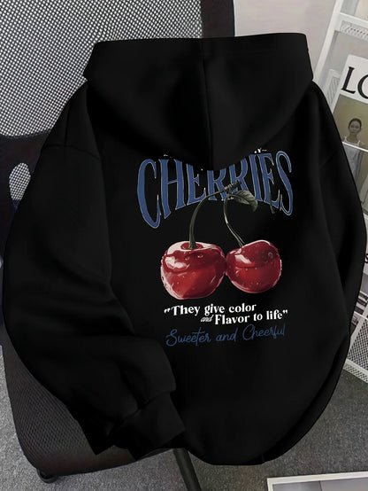 Hoodie mit Kirschen-Print und Kapuze für Damen – Gemütlicher Kapuzenpullover mit elastischen Bündchen