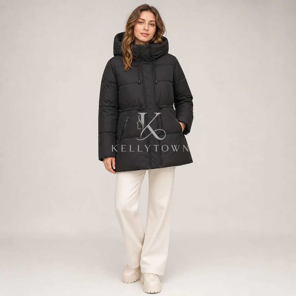 Damen Winter Steppjacke mit Kapuze & Kordelzug - Warme Puffajacke
