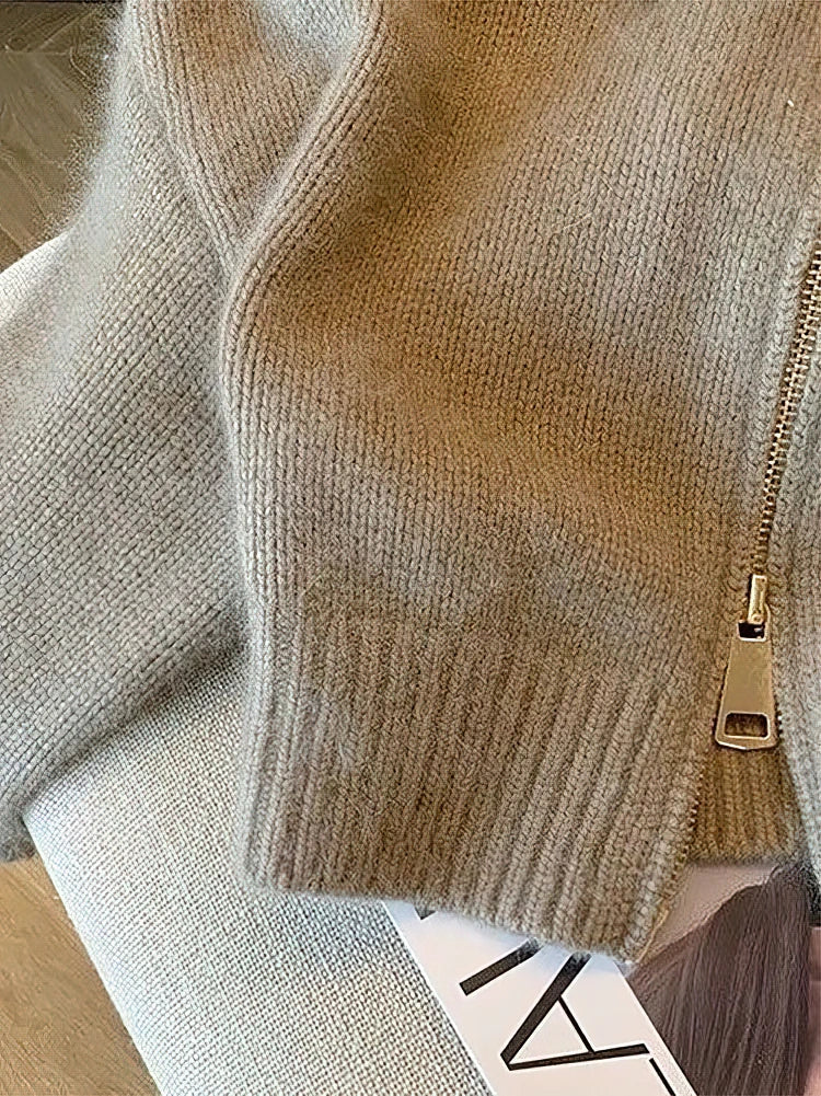 Damen Strickjacke mit Kunstlederkragen und Reißverschluss – Modischer Urban Style