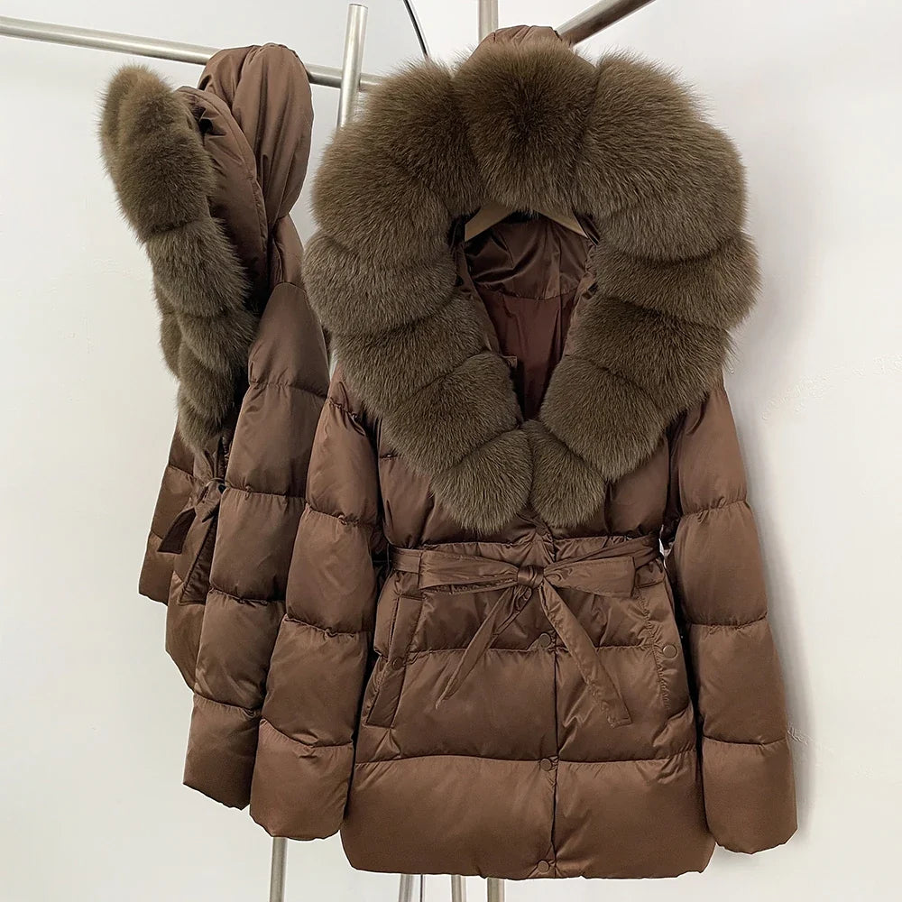 Damen Winter Steppjacke mit Kunstpelzkragen und Gürtel