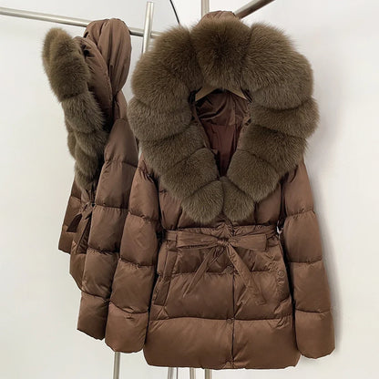 Damen Winter Steppjacke mit Kunstpelzkragen und Gürtel