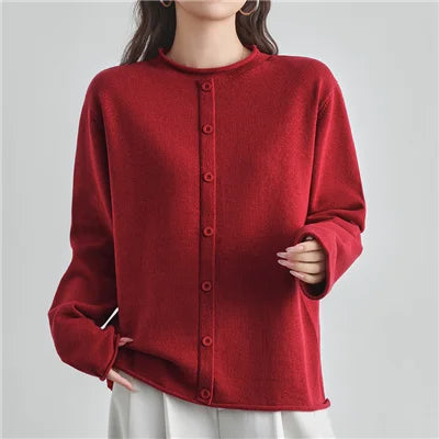 Damen Cardigan Strickjacke Rundhals Langarm Knöpfe Schwarz Braun Grau Rot