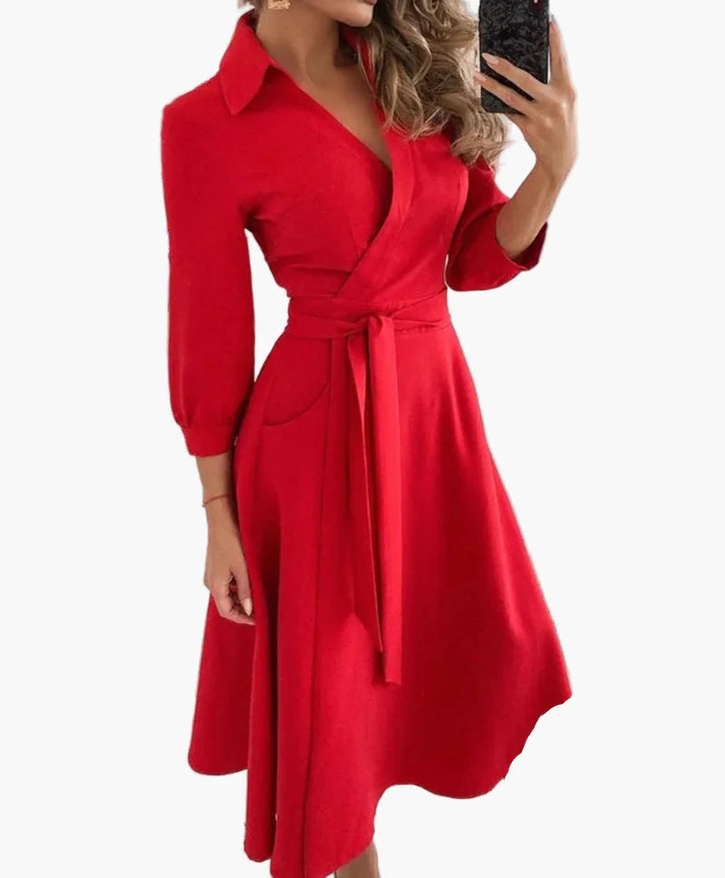 Damen Wickelkleid mit Gürtel – Elegantes Freizeitkleid mit Kragen und 3/4-Ärmeln für Alltag und Büro