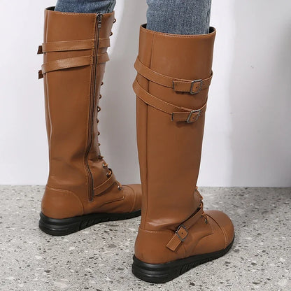 Damen Schnürstiefel mit Schnallen und Reißverschluss, Kniehoch, Braun