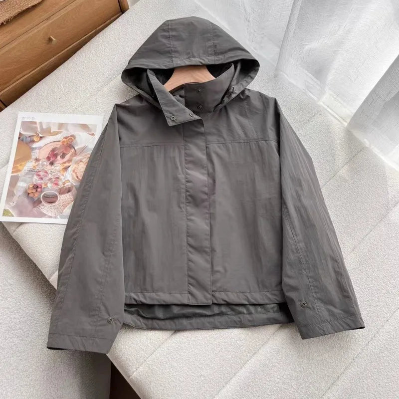Damen Kurzjacke mit Kapuze Windbreaker Leichte Übergangsjacke