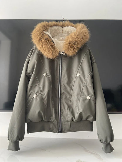 Damen Bomberjacke mit Kapuze und Fellimitat Futter - Warm Gefütterte Winterjacke