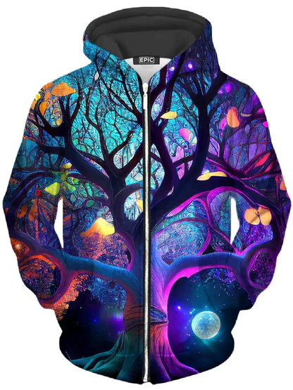 Unisex Reißverschluss Hoodie mit farbigem Baum-Motiv, bunter Print Kapuzenpullover