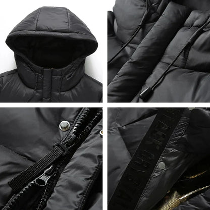 Langer Steppmantel mit Kapuze für Herren, Schwarz, Winter, Gefüttert