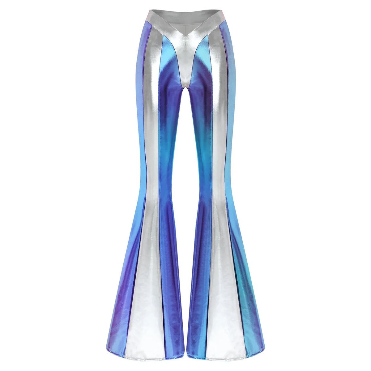 Damen Metallic Schlaghose Silber Glänzend Hohe Taille