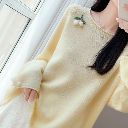 Damen Pullover Langarm Rundhals mit Beeren-Applikation