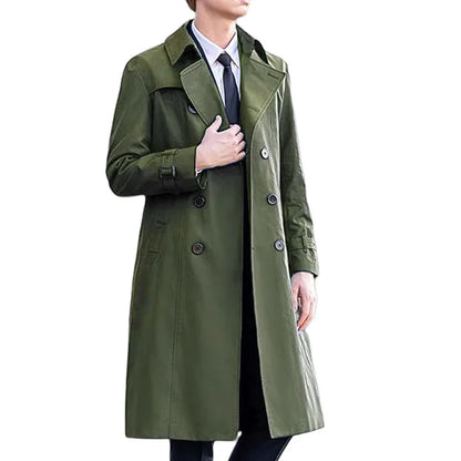 Herren Trenchcoat Zweireiher Langer Mantel mit Reverskragen und Gürteldetails
