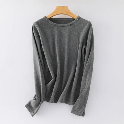 Damen Langarmshirt mit Rundhalsausschnitt & Zierknöpfen, Weicher Stoff, Mehrfarbig