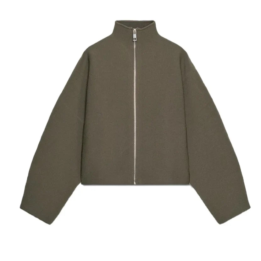 Grüne Kurzjacke mit Stehkragen und Reißverschluss