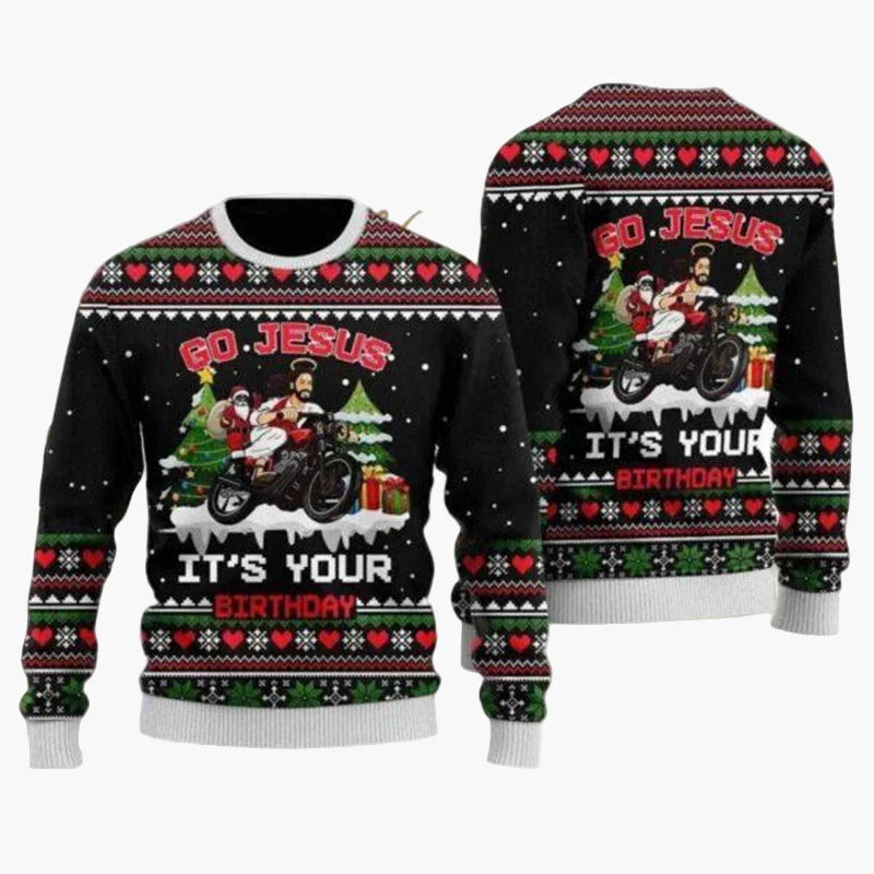 Herren Ugly Christmas Sweater Biker Stil – Lustiger Weihnachts-Pullover mit Santa auf Motorrad