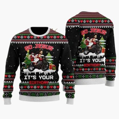 Herren Ugly Christmas Sweater Biker Stil – Lustiger Weihnachts-Pullover mit Santa auf Motorrad