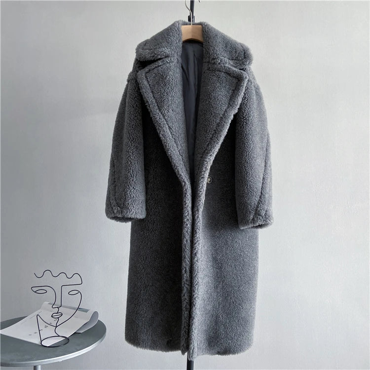 Damen Teddy-Mantel mit Reverskragen Lang Warmer Plüschmantel