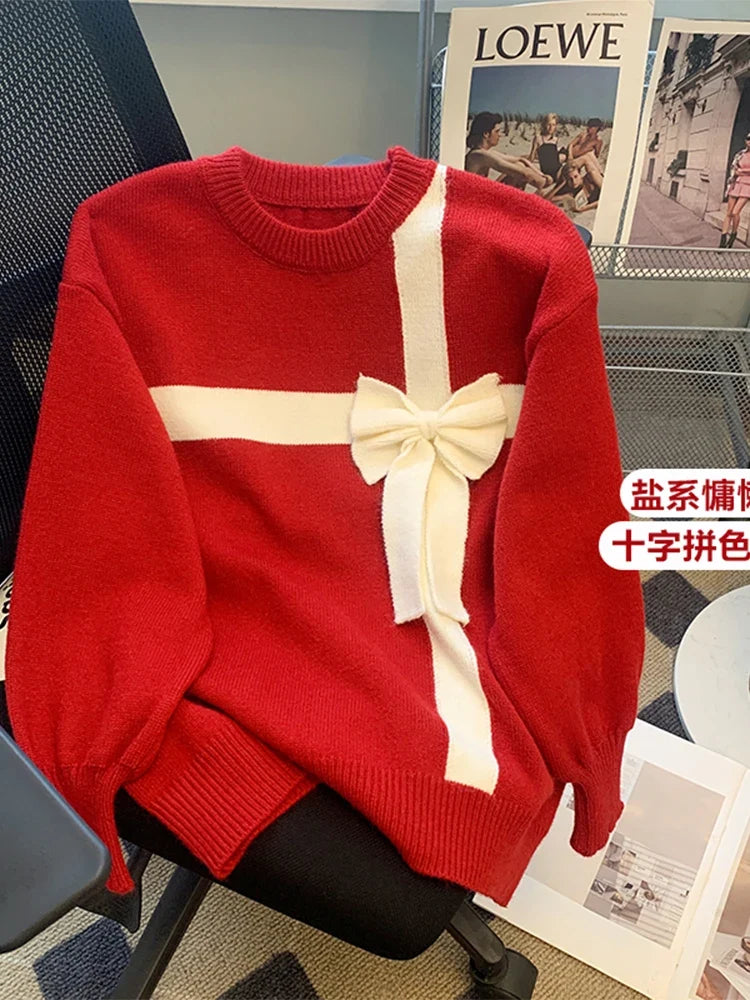 Roter Damen Pullover mit Schleifen-Applikation Rundhals