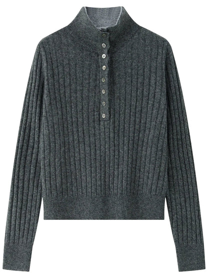 Gerippter Damen Pullover mit Polokragen Langarm Strickpullover