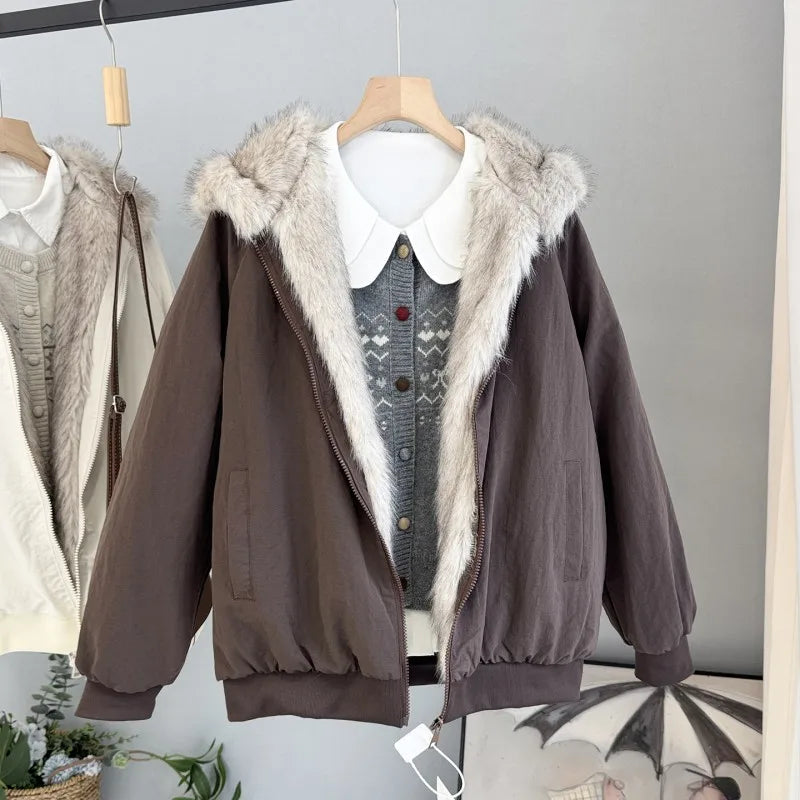 Damen Bomberjacke mit Kapuze und Kunstfellbesatz