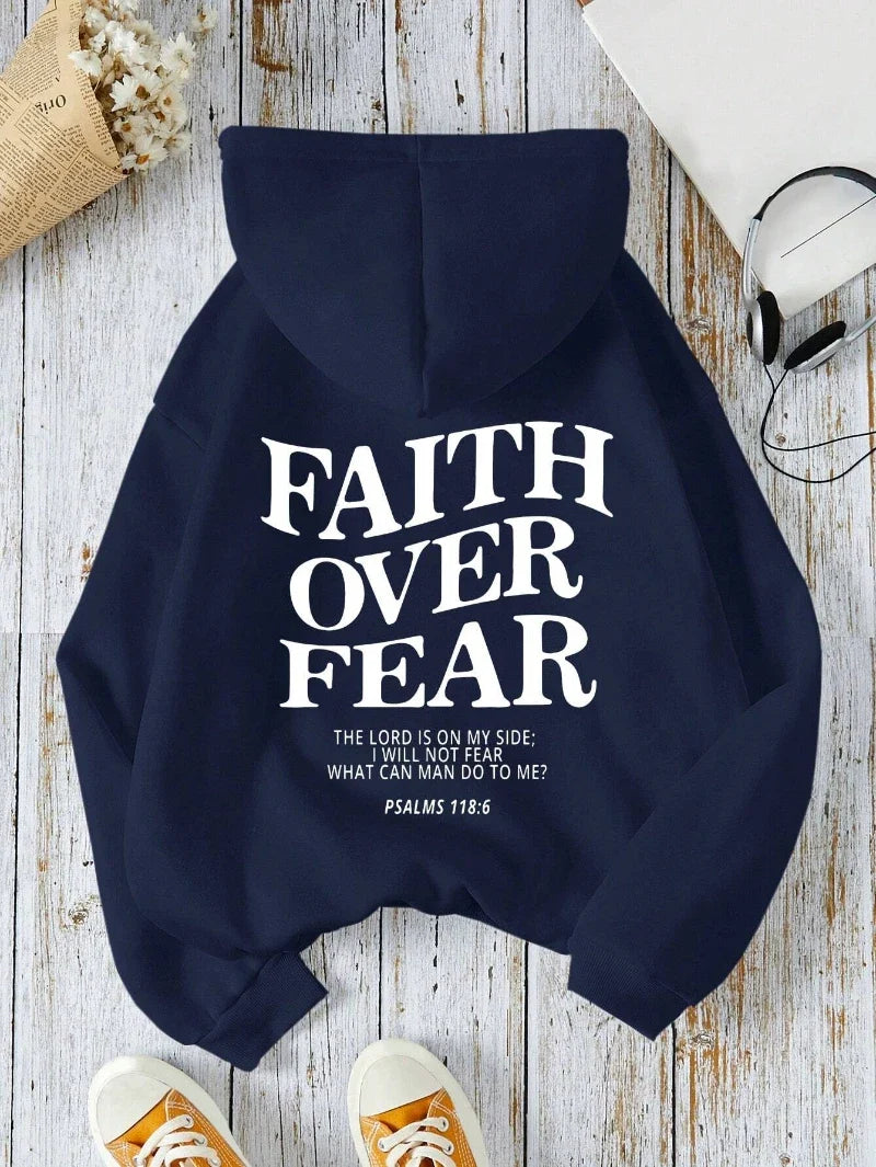 Hoodie mit Kapuze und "Faith Over Fear" Druck, lockere Passform