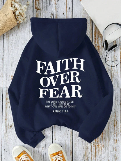 Hoodie mit Kapuze und "Faith Over Fear" Druck, lockere Passform