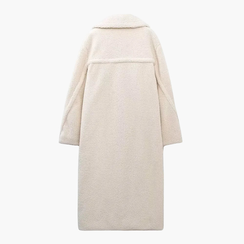 Damen Teddy-Mantel mit Doppelreiher – Eleganter Winter-Look, Langer Kuschel-Pelz, Urban Style
