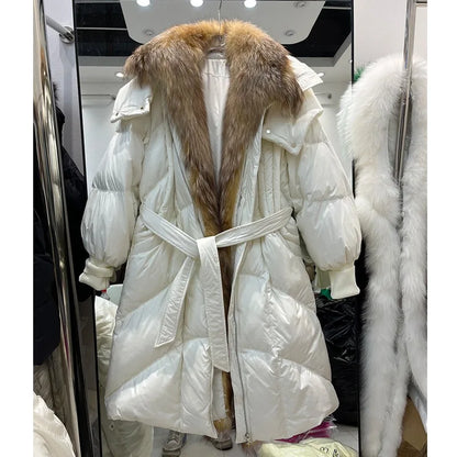 Damen Daunenmantel lang mit Kunstpelzkragen und Gürtel Steppjacke