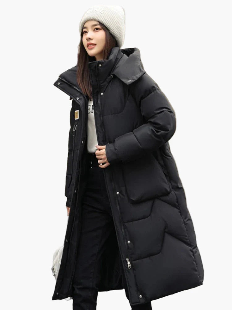 Damen Winter Daunenmantel Lang mit Kapuze, Modisch & Warm, Perfekt für kalte Tage