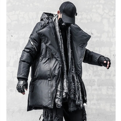 Unisex Winterjacke Schwarz mit Asymmetrischem Reißverschluss und Kapuze