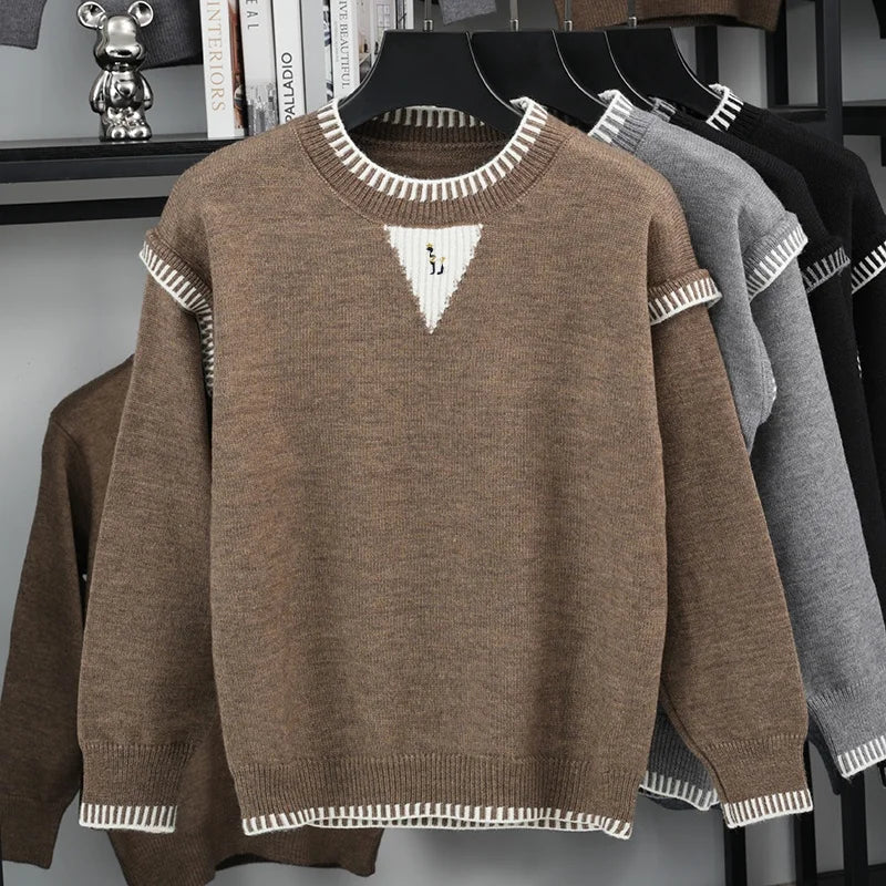 Herren Pullover Strick Rundhals Stickerei Grau Weiß Muster