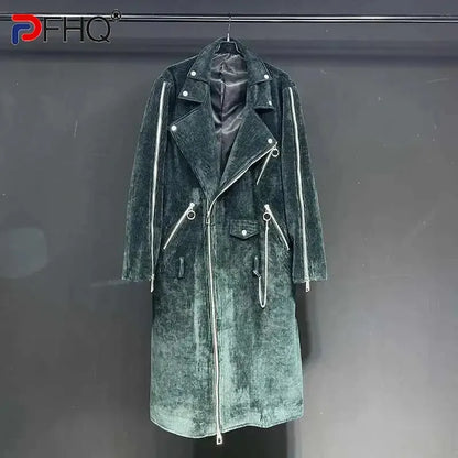 Kord Mantel Unisex Lang Biker Stil mit Reißverschlüssen Dunkelgrün