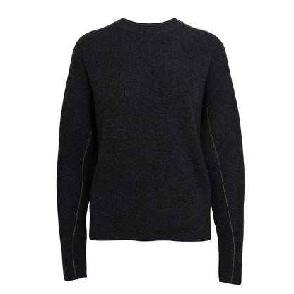 Damen Pullover gerippt Rundhals Langarm Strickpullover