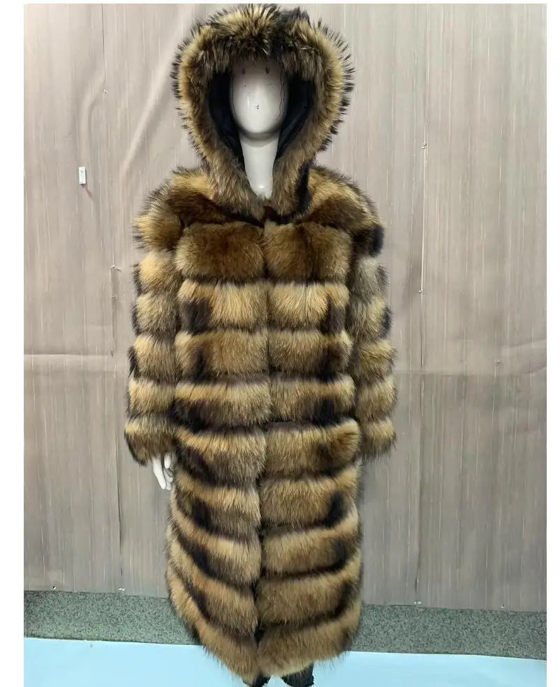 Pelzmantel mit Kapuze für Damen, Lang, Mehrfarbig