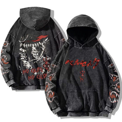 Oversized Kapuzenpullover Dunkelgrau mit Front- und Rückenprint und Ärmelprints