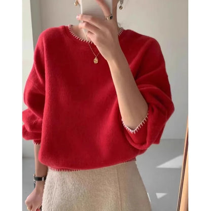 Damen Pullover Rundhals mit Kontrastnaht – Beige, Weiß, Rot