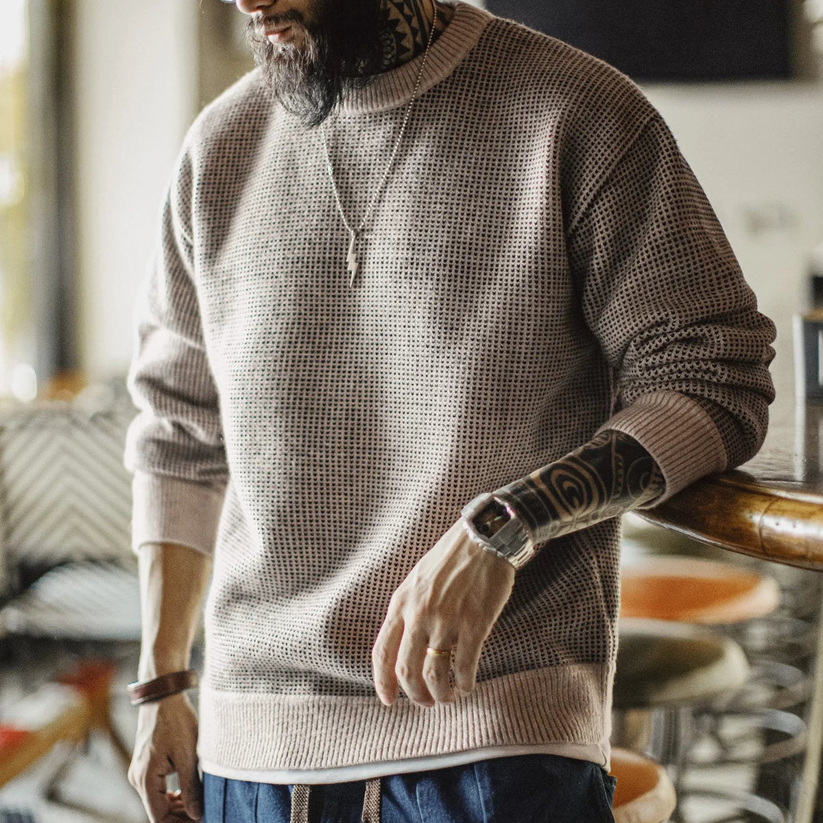 Herren Rundhals Pullover Offen Gestrickt Beige